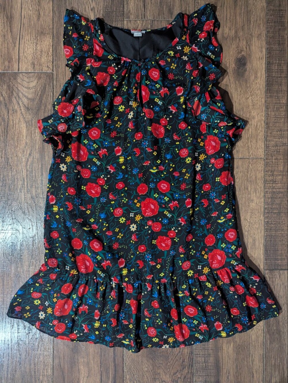J Crew Black w/ Vibrant Red & Yellow Floral Print Flutter Mini Ruffle Dress Sz S